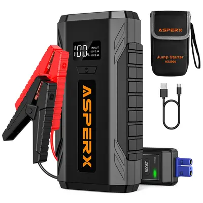 ASPERX AX1500/AX2000 Jump Starter,  2000A Peak Portable Car Battery, 12 VJump Pack Cables with 1.4 Inch LCD Display, 400 LUME...