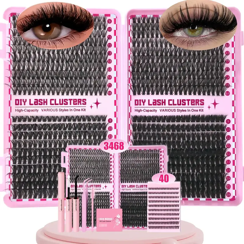4 in 1 Eyelash Extensions Kit, 1 Set False Eyelash Cluster Kit with Bond and Seal & Tweezers & Brush Eyelash Tools, Asian Dol...