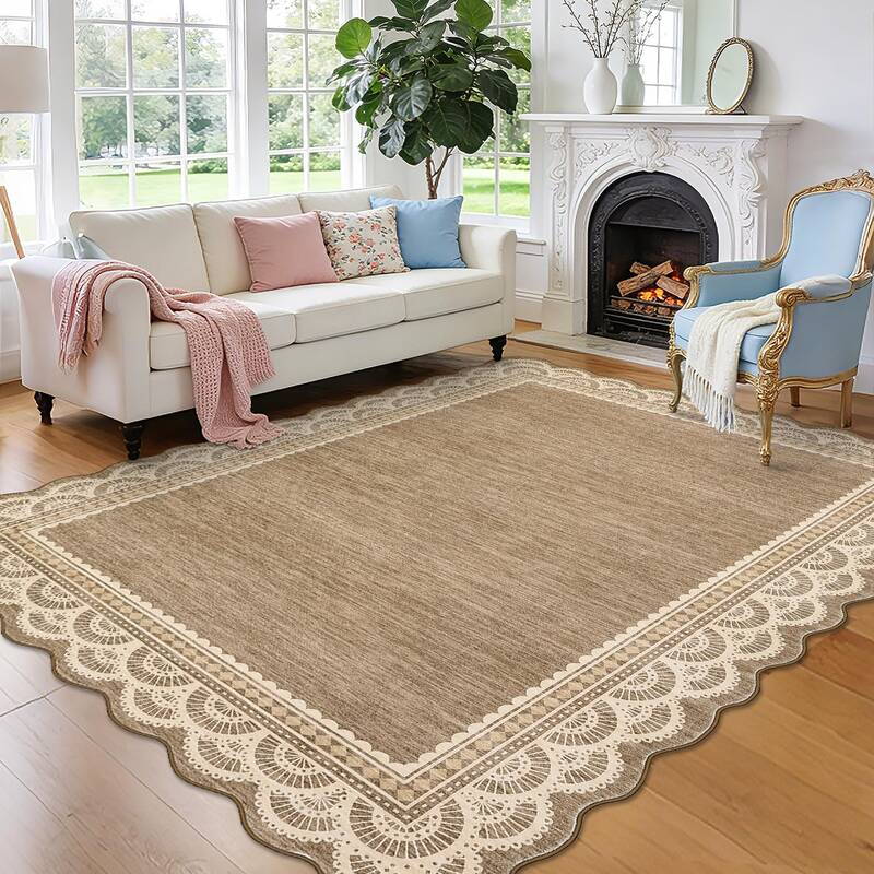 Garvee Scalloped Lace Area Rug 10x13 Brown Non-Slip Stain Resistant Faux Wool Soft Durable Living Room Bedroom Playroom