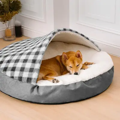 Plush Dog Nest Cat Bed Plush Dog Universal | Color: Grayish White Plaid | Size: L