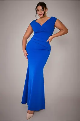 Goddiva Plus Bardot Pleated Maxi Dress - Royalblue