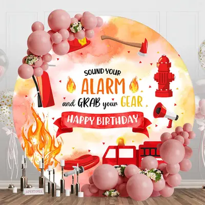 Aperturee Round Red Car Firefighting Happy Birthday Backdrop - Aperturee