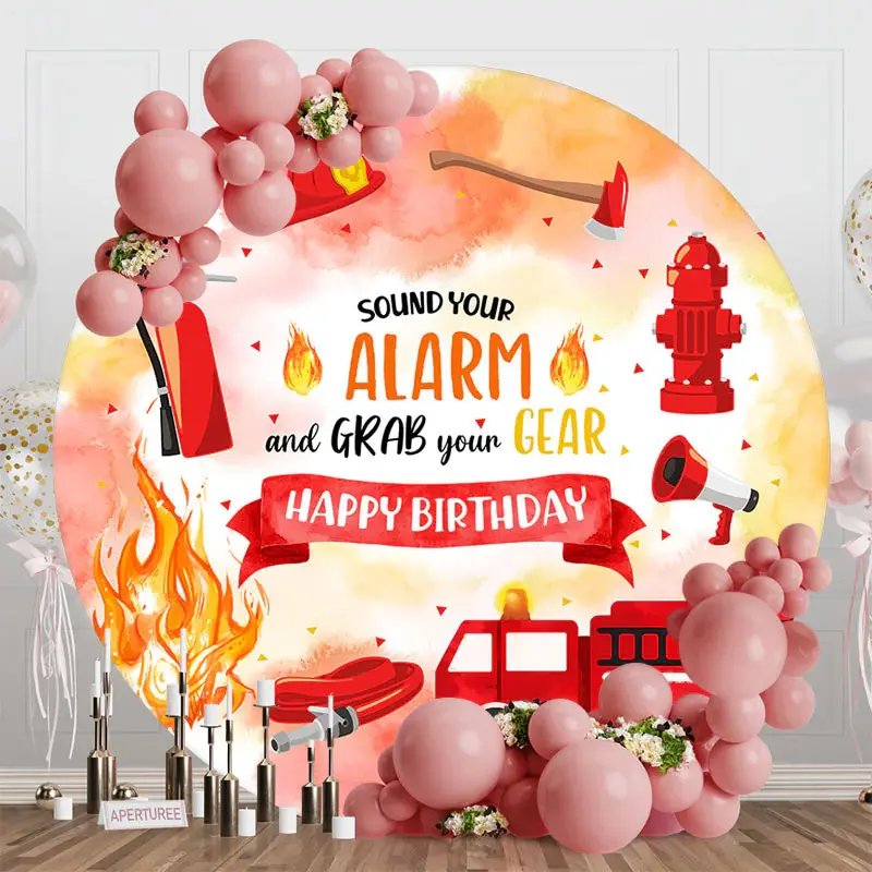 Aperturee Round Red Car Firefighting Happy Birthday Backdrop - Aperturee