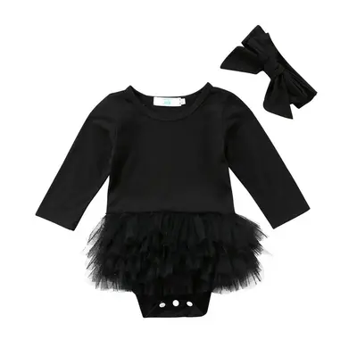 Cute Newborn Baby Girl Long Sleeve Tutu Romper Jumpsuit Bodysuit Dress Headband Outfits