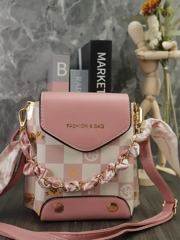 Women's Pu Leather Chain Decor Crossbody Bag, Casual Plaid Pattern Shoulder Bag for Daily Used, Trendy Versatile High-quality...