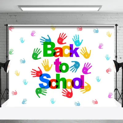 White Colorful Handprints Back To School Backdrop