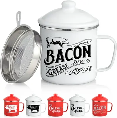 46OZ LARGE Bacon Grease Saver with Fine Mesh Strainer & Handle - Enamel Oil Keeper Container, Bacon Fat Dripping Can - Farmho...