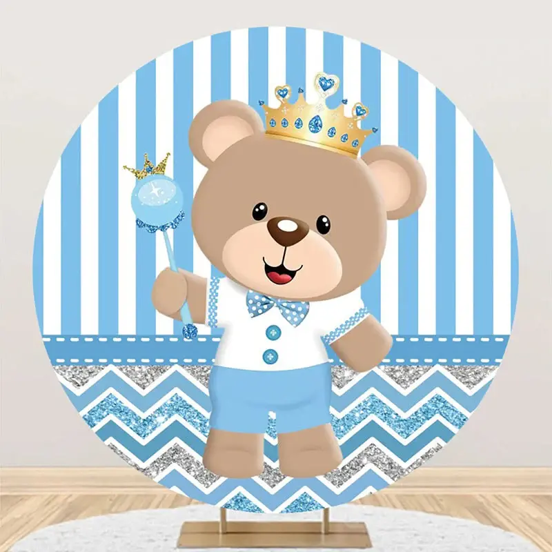 Blue Bear Crown Stripe Round Baby Shower Backdrop - Aperturee