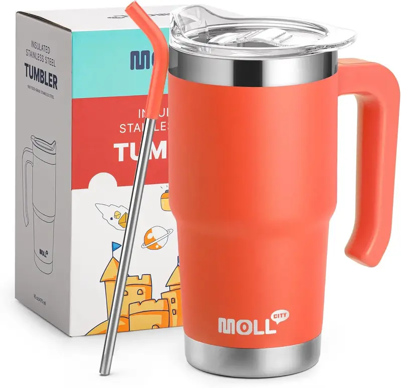 Mollcity 16 oz Tumbler with Handle Reusable Stainless Steel Vacuum Insulated Tumbler Cups with Lid and Straw Travel Mug for W...