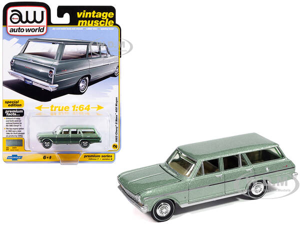 1963 Chevrolet II Nova 400 Wagon Laurel Green Metallic Vintage Muscle Series 1/64 Diecast Model Car by Auto World