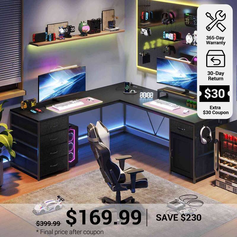 SEDETA 63 Inch L Shaped Computer Desk with Drawers and Power Outlet Rustic Brown Home Office Furniture