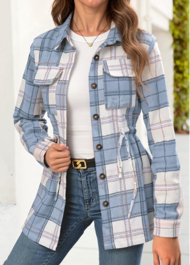 Modlily Light Blue Tummy Coverage Plaid Long Sleeve Shirt - L