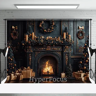 Dark Black Gold Luxury Fireplace Christmas Backdrop - Aperturee
