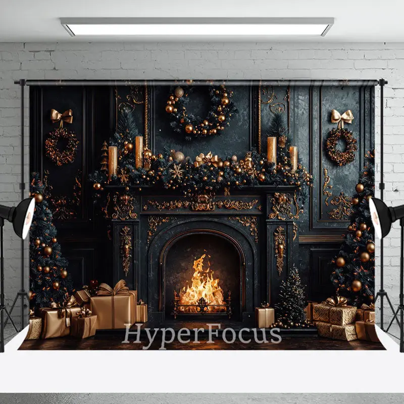 Dark Black Gold Luxury Fireplace Christmas Backdrop - Aperturee