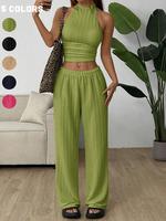 Women's Solid Crop Sleeveless Halter Neck Top & Wide Leg Pants Set, Casual Fashion Cozy Two-piece Set for Daily Outdoor Wear,...