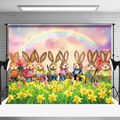 Aperturee Joyful Bunny Gathering Yellow Daisy Meadow Backdrop | Easter Backdrop Photography | Easter Backdrops For Photos | E...