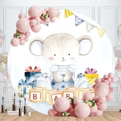 Aperturee Blue Bear Round Baby Shower Backdrop For Boy