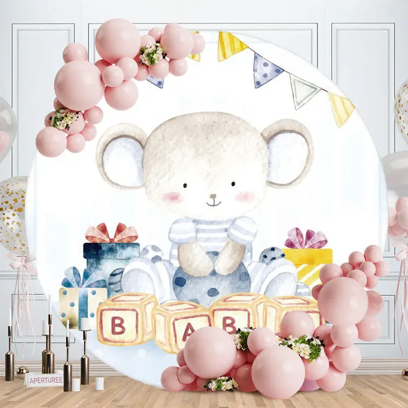 Aperturee Blue Bear Round Baby Shower Backdrop For Boy