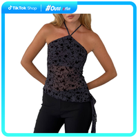 Pretty girl lounge  Womenswear Halter Tops Slim Fit See Through Sleeveless Backless Irregular Hem Flower Print Crop Tops for ...