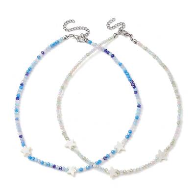 2Pcs 2 Color Glass & Natural Shell Star Beaded Necklaces Set
