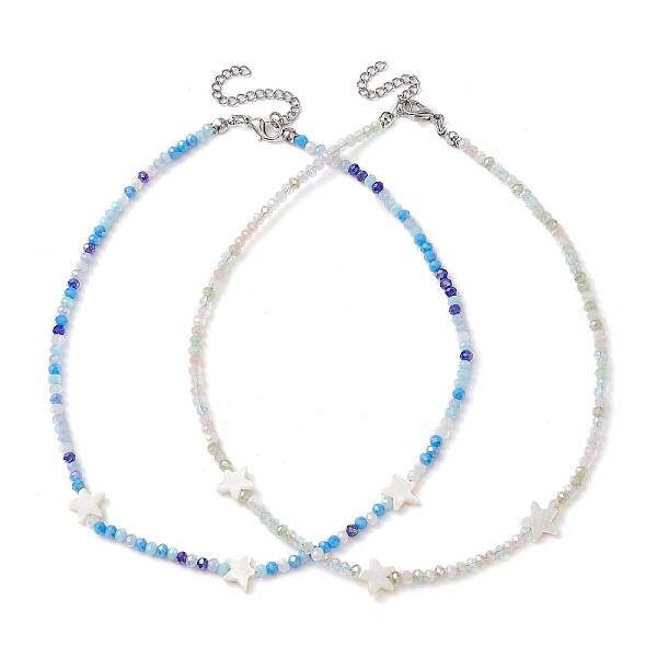 2Pcs 2 Color Glass & Natural Shell Star Beaded Necklaces Set
