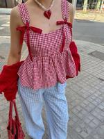 Women's Gingham Print Tie Shoulder Tank Top, Casual Sleeveless Top for Summer, Ladies Clothes for Daily Wear, Sleeveless Baby...