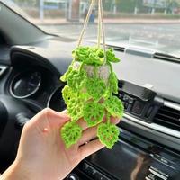 Crochet Plant Car Hanging Ornament, Cute Car Rearview Mirror Hanging Accessories, Car Interior Decoration Accessories for Wom...