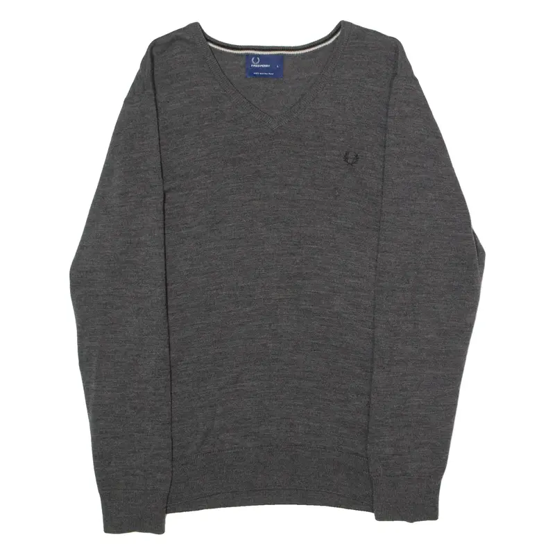 FRED PERRY Mens Jumper Grey V-Neck Tight Knit Wool L