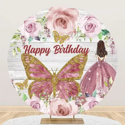 Pink Rose Butterfly Wooden Round Birthday Backdrop - Aperturee