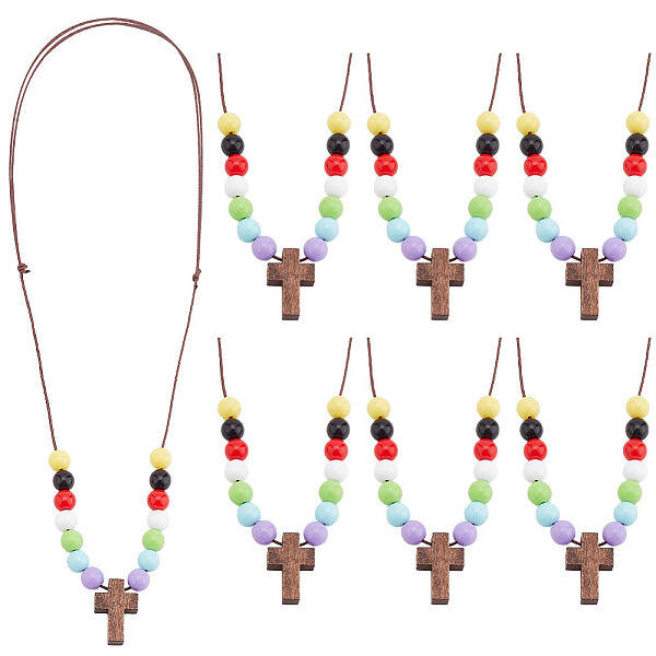 Wood Cross with Acrylic Beaded Pendant Necklaces for Women