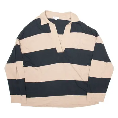 REISS Womens Polo Shirt Black Striped Long Sleeve L