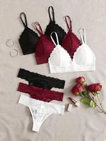 Women's Floral Lace Bra & Thong Underwear Set, Casual Adjustable Strap Cut Out Bra & Thong, Elegance Soft Comfy Breathable Un...