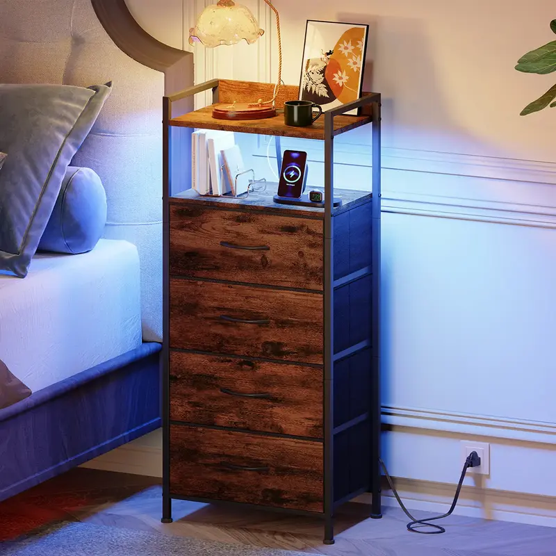 Somdot Black Nightstand with Charging Station and LED Light for Bedroom, Tall 4/5 Drawers Dresser with Fabric Bins for Living...