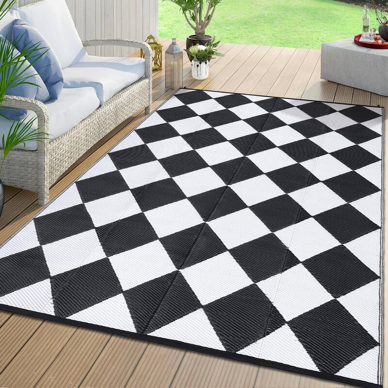 Garvee Outdoor Black & White 8x10 Plastic Straw Rug Waterproof Reversible Lightweight Durable Patio Mat with Corner Loops for...