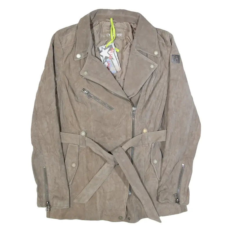 FREAKY NATION Belted Womens Biker Jacket Grey Leather Suede XL