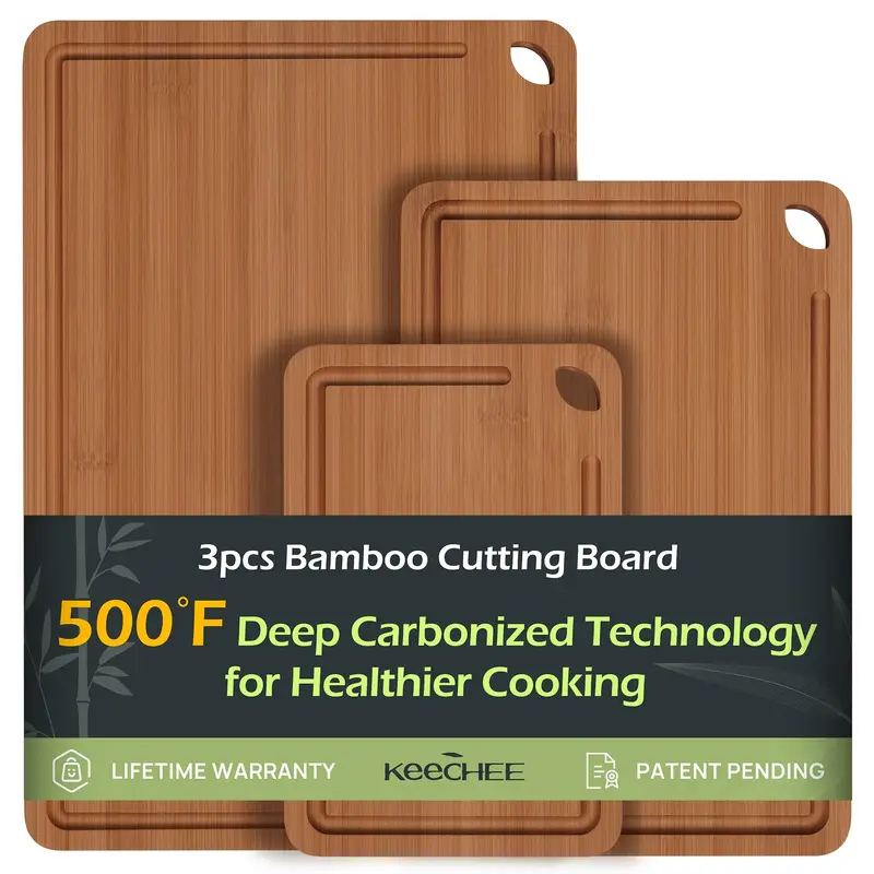 Keechee Wooden Bamboo Cutting Board Set of 3 (Dark Carbonized), Chopping Boards with Juice Grooves, Ideal for Knives, Kitchen...
