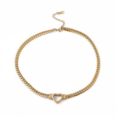 304 Stainless Steel Hollow Out Heart Charm Necklace with Cuban Link Chains for Women
