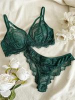 Women's Solid Color Cut Out Sheer Push Up Bra & Lace Thong Set, Fashion Comfy Underwear Set for Daily Wear,  Underwear for Wo...