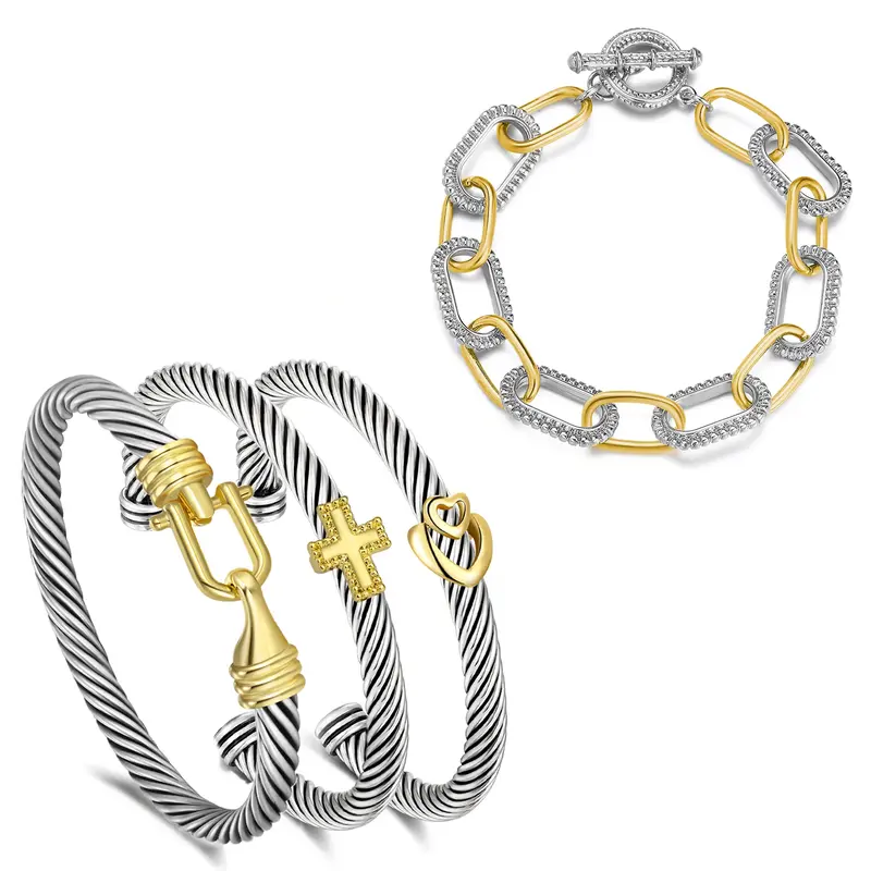 Aprilery Sophistication Twisted Cable Cuff Bracelet – Vintage Two-Tone Bangle with Hook for Women