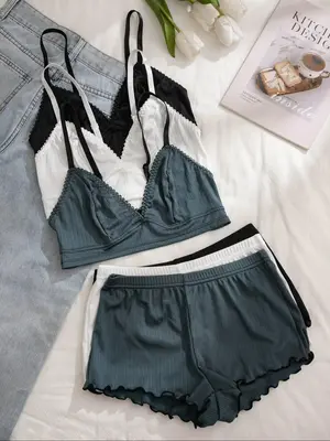 Women's Wireless Bra & Lettuce Trim Shorts Underwear Set, Summer Outfits 2024, Adjustable Strap Bra & Elastic Waist Shorts, ...