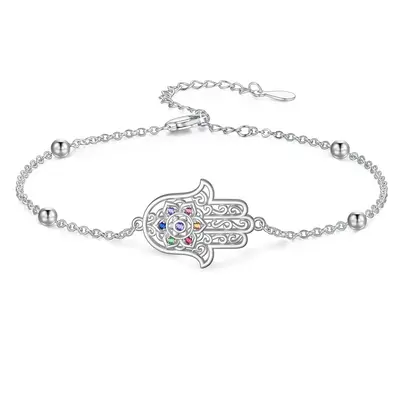 Sterling Silver Cubic Zirconia Lotus & Hamsa Hand Single Layer Charm Anklet