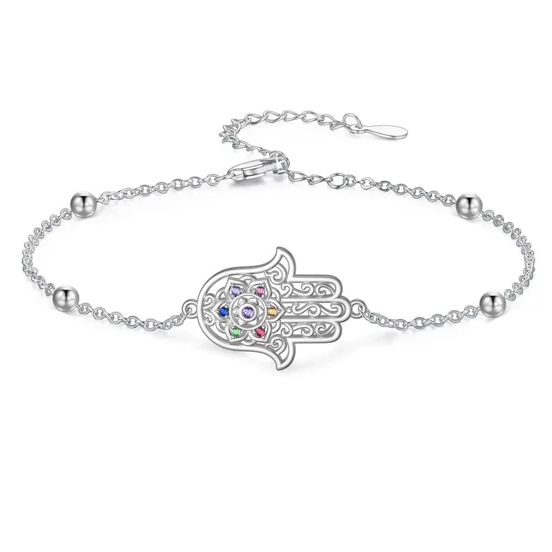 Sterling Silver Cubic Zirconia Lotus & Hamsa Hand Single Layer Charm Anklet