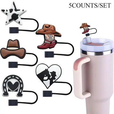 Cartoon Pattern Straw Cover Cap without Cup, 5 Counts Cute Cartoon Straw Tip Cover, Dust-proof Straw Tip Cover for Tumbler, D...