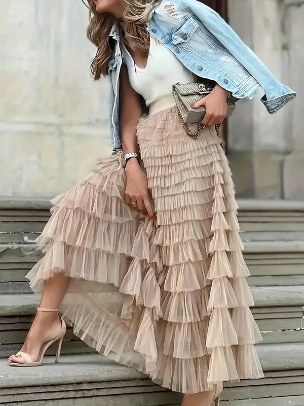 Women's Plain Ruffle Hem Tiered Layer Skirt, Elegant High Waist Long Skirt for Vacation Holiday Party, Ladies Bottoms for All...