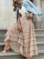 Women's Plain Ruffle Hem Tiered Layer Skirt, Casual Chic Elegant Fitted Aesthetic High Waist Long Skirt for Vacation Holiday ...