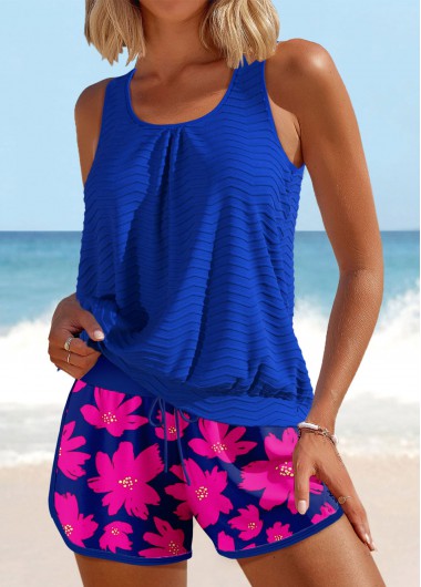 Modlily Patchwork Floral Print Royal Blue Tankini Set - S