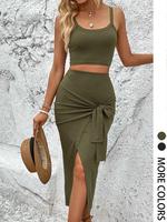 Women's Solid Ribbed Wrap Skirt Set, Casual Crop Cami Top & Knot Front Split Skirt, Ladies Clothes for Summer, Sleeveless Wom...