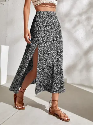 Women's Ditsy Floral Print Split Thigh A Line Skirt, Boho Casual High Waist Midi Skirt for Beach Holiday Vacation, Summer Ou...