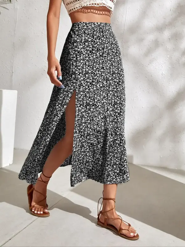 Women's Ditsy Floral Print Split Thigh A Line Skirt, Boho Casual High Waist Midi Skirt for Beach Holiday Vacation, Summer Ou...