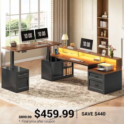 SEDETA 76.8 Inch Farmhouse L Shaped Standing Electric Desk with Storage Led Lights Office Desk with 2 Drawers Storage Cabinet...